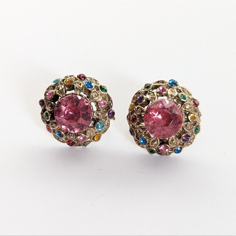 Vintage Stunning Edwardian Style Silver Tone Rainbow Rhinestone Clip On Earrings